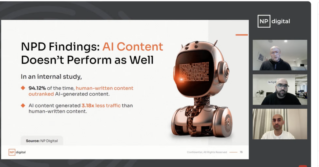 to showcase the data from Neil Patel regarding the performance of AI vs. Humans in content creation